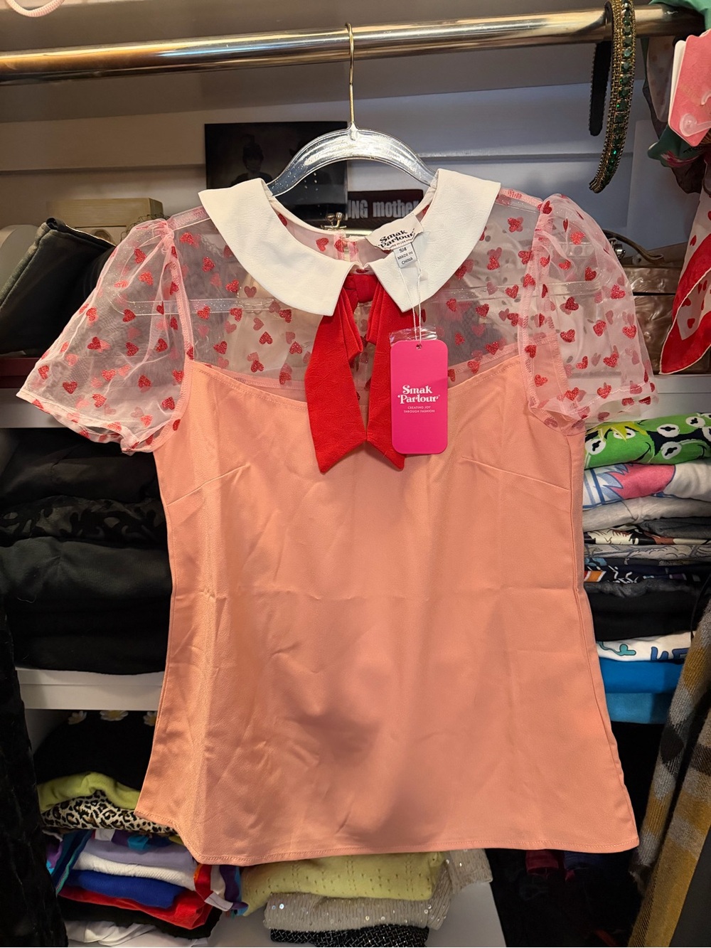 Sweet Heart Mesh Sleeve Top with Red Bow Smak Parlour Small